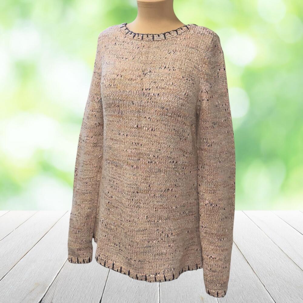 J JILL Pure Jill Tunic Sweater Blanket Stitch Trim Flecked Texture Beige Size S
